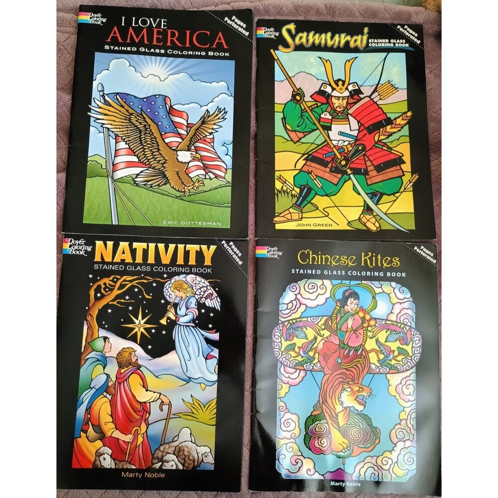 Lot of 4 Dover Stained Glass Coloring Books Nativity America Samurai Chinese